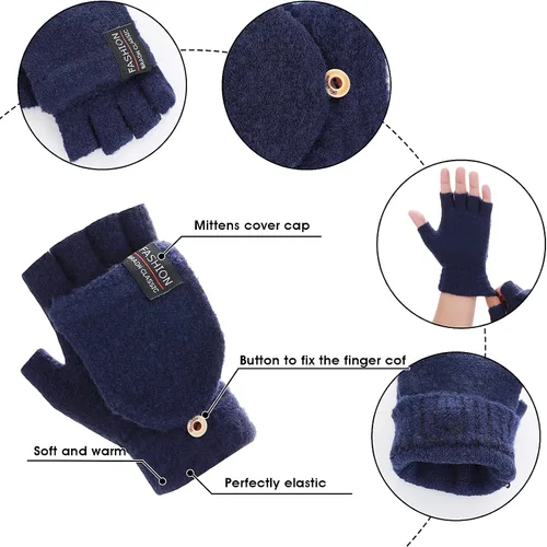 Miniatura 4 de THINP Guantes sin dedos para mujeres y hombres, guantes de invierno, guantes de lana cálida de punto sin dedos con tapa, guantes convertibles