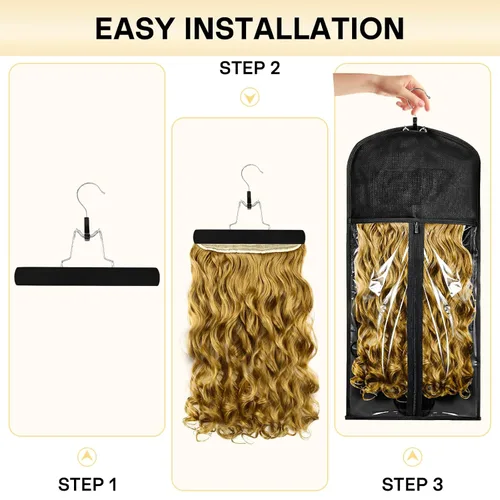Miniatura 7 de VARIPOWDER 10 bolsas de almacenamiento para pelucas con colgador de extensiones de cabello para múltiples pelucas, bolsa de pelucas a prueba de Negro
