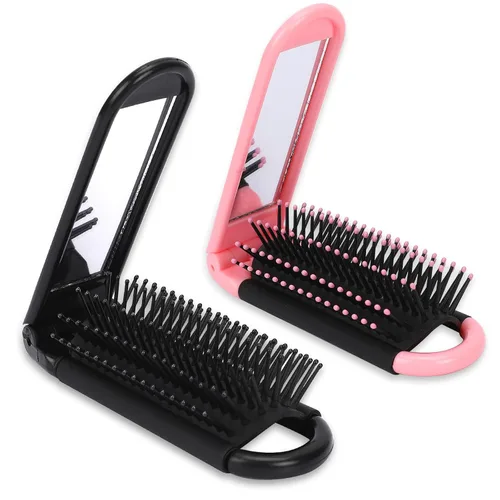 Miniatura 10 de Cepillo de pelo de viaje con espejo y peine de masaje, paquete de 2 herramientas de peinado compacto plegable para mujeres y hombres 2 Pack negro