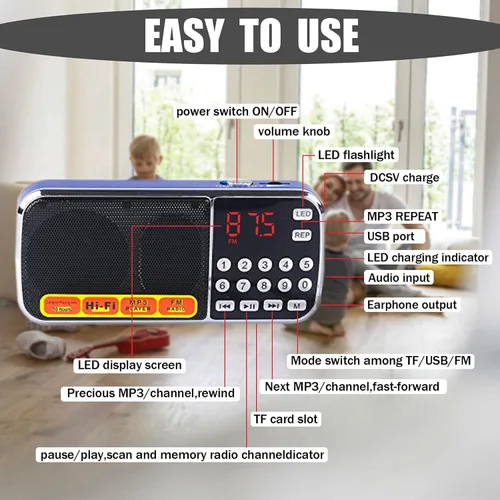 Miniatura 5 de Leting Radios AM portátil con altavoz MP3, soporte de radio portátil, tarjeta TF/USB, radio FM con batería recargable, mini radio con la mejor Azul