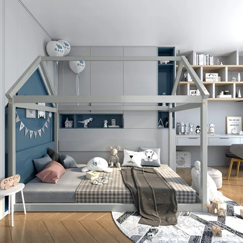 Miniatura 8 de Costzon Base de cama individual de madera, plataforma estable para niños, con techo y listones de alta resistencia, no necesita somier, bricolaje