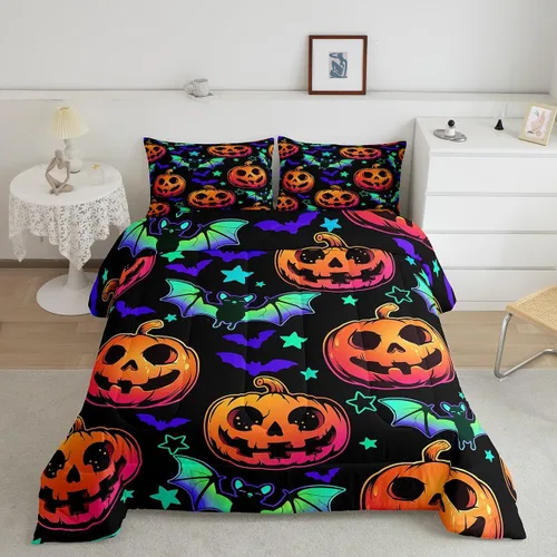Miniatura 45 de Erosebridal Juego de ropa de cama de murciélago de Halloween, tamaño individual, juego de edredón de estrellas con purpurina y galaxia para niños