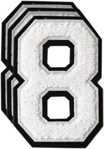 Miniatura 83 de 3 parches de números de chenilla negra, tamaño grande de 4-1/2" parches de números para planchar, parches universitarios para ropa, 8" Borde oro rosa