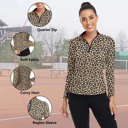 Miniatura 56 de WOWENY Camiseta deportiva de manga larga para mujer, con cremallera de un cuarto, cuello para entrenamiento, camiseta de tenis con estampado