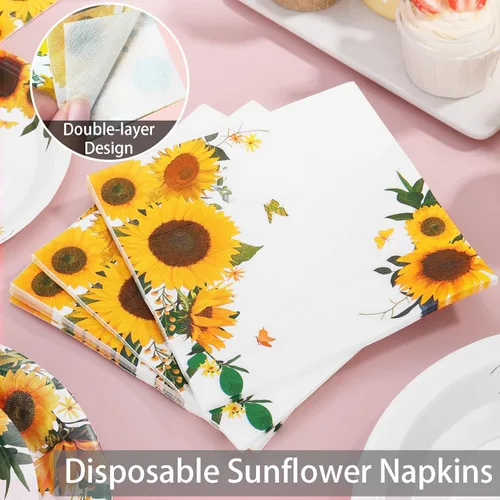 Miniatura 4 de Decoraciones de fiesta de girasoles: 168 platos de girasol y servilletas, suministros de fiesta, platos de papel amarillo con purpurina dorada