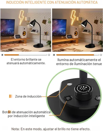 Miniatura 5 de BOHON. Lámpara de escritorio LED con puerto de carga USB, 3 modos de color, luz de lectura regulable, lámpara de tarea de inducción inteligente