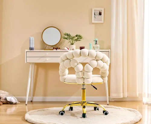 Miniatura 2 de Velvet Swivel Desk Chair with Bubble Back, Adjustable Height Computer Chair with Gold Metal Base, Modern Rolling Vanity Chair for Home Office (Beige)