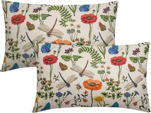 Miniatura 27 de Juego de 2 fundas de almohada de primavera de 16 x 16 pulgadas, diseño de conejo, flores rosas, hojas verdes salvia, plantas botánicas vintage