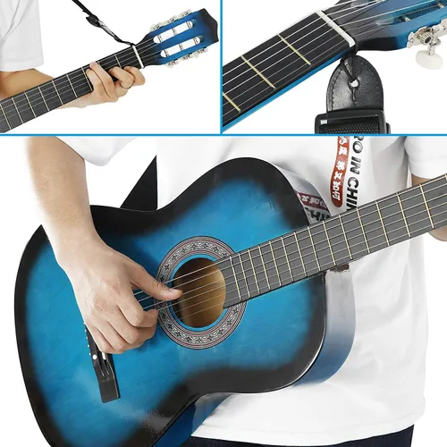 Miniatura 3 de Guitarra acústica de 6 cuerdas de 38 pulgadas con correa para la bolsa de transporte, juego de cuerdas extra para principiantes, niños, niñas, Azul