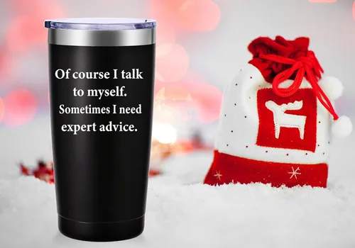 Miniatura 4 de AMZUShome Taza de viaje con texto en inglés "Of Course I Talk To Mysel". Regalos divertidos con mensajes. Regalos para mamá, papá, hermano, hermana