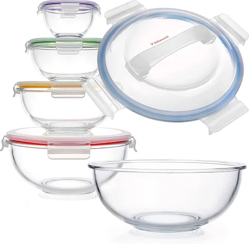 Miniatura 21 de Juego apilable de 5 cuencos de vidrio anidados para ahorrar espacio con tapas de bambú para preparación de alimentos, almacenamiento, horneado