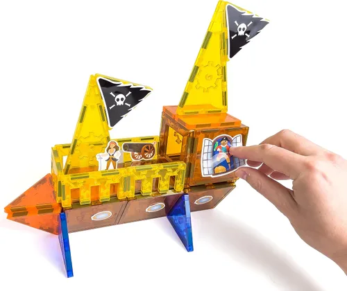 Miniatura 2 de Tytan Tiles Pirate Ship & Island - Juego de construcción de azulejos magnéticos de 60 piezas, divertido juguete STEM para niños, juego creativo