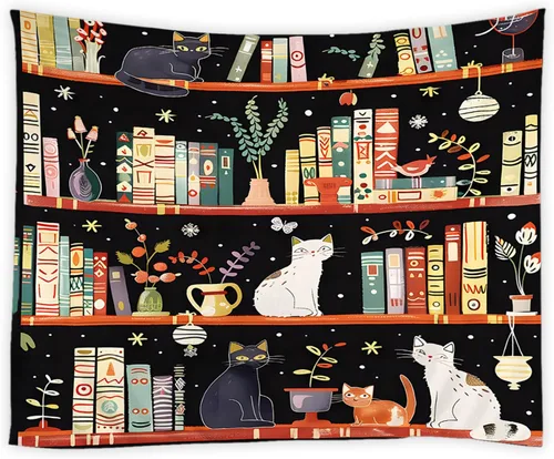 Tapiz para estantería de gato, biblioteca mágica de fantasía, plantas florales bohemias, hippie para colgar en la pared, decoración artística para