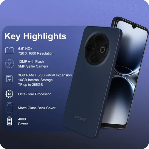 Miniatura 2 de A3 Abierto 4G Teléfono celular desbloqueado barato 6.6 "Pantalla HD+ Android 12 Teléfono inteligente 6(3+3)+16GB/256 TF Octa-Core Dual SIM Azul