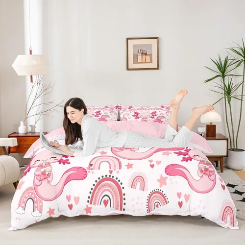 Miniatura 2 de Lindo juego de funda de edredón para niños, tamaño individual, juego de ropa de cama de dibujos animados Salamandra, ajolote océano, decoración