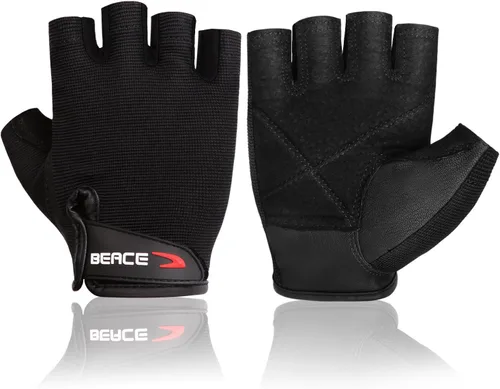 Guantes de gimnasio BEACE para levantamiento de pesas, con palma de piel antideslizante para entrenamiento, fitness y culturismo para hombres y Negro