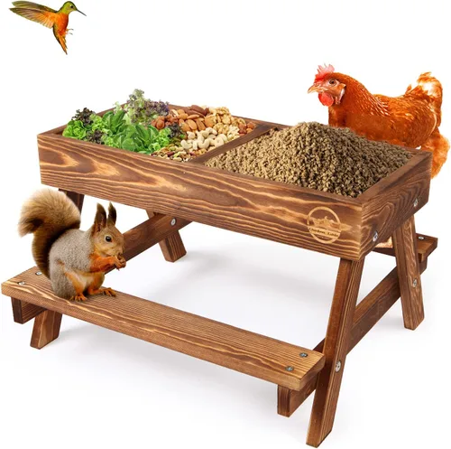 Mesa de pollo sin residuos, comedero de picnic de pollo hecho a mano de madera carbonizada, kit grande de comedero de pollo para bricolaje, Madera