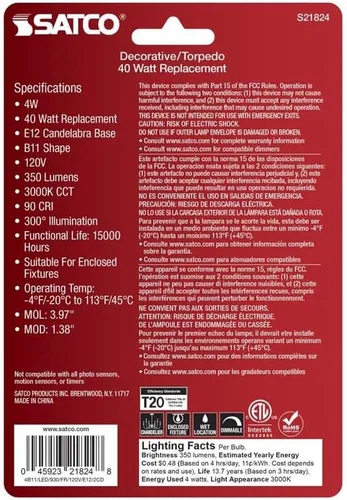 Miniatura 3 de Satco 21824-4B11/LED/930/FR/120V/E12/2CD Decorativa (S21824) Bombilla LED de punta roma