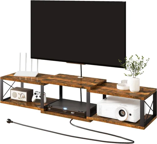 Miniatura 10 de IBUYKE Soporte flotante para TV montado en la pared con toma de corriente, moderno estante de consola de madera montado en la pared, centro