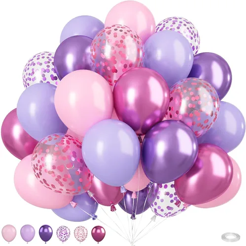Globos rosados y morados, 50 unidades de 12 pulgadas, globos de confeti, globos de látex metálicos rosados y morados con cinta, globos de fiesta