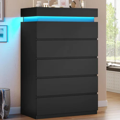Miniatura 7 de HAUOMS Cómoda alta de 5 cajones con luz LED, cómoda moderna negra para dormitorio, cómodas de armario con cajones para sala de estar, entrada