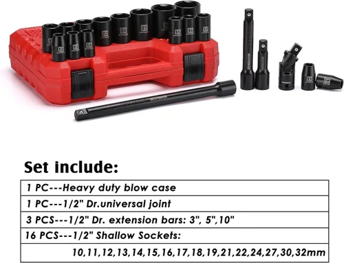 Miniatura 3 de MIXPOWER Juego de dados de impacto poco profundo de 1/2 pulgada, tamaño métrico, 0.394 in-1.260 in, CR-V Proyecto de reparación y mecánico de 6