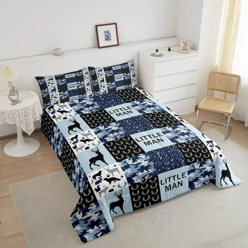 Miniatura 13 de Juego de edredón de cuernos de ciervo tamaño individual, juego de ropa de cama rústica de granja con huellas de oso y pinos para decoración