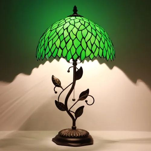 Miniatura 10 de Tiffany Table Lamp, Pink Stained Glass Desk Light, W12H19 Inch, Metal Leaf Base (Pink Baroque Style)