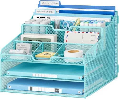 Miniatura 14 de Lavatino Organizador de escritorio, malla metálica con 2 bandejas de papel para cartas, 7 divisores flexibles, 2 soportes verticales para archivos