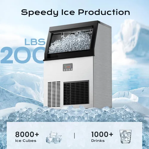 Miniatura 3 de Coolake Máquina Comercial para Hacer Hielo 200lbs/24H, Enfriada por Aire Bajo Mostrador Máquina de Hielo con Almacenamiento de Hielo de 50lbs, Acero
