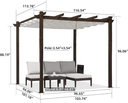 Miniatura 6 de PURPLE LEAF Pergola Pérgola - Pérgola retráctil de metal para exteriores de 10 x 10 pies con toldo para patio y jardín, parrilla de pabellón