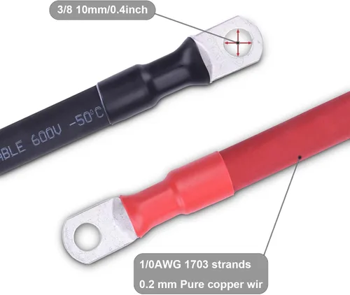 Miniatura 2 de Cable de batería flexible de 1/0 AWG con terminales de 3/8" - Alambre de cobre puro OFC para inversor y soldadura para automotriz, solar, RV