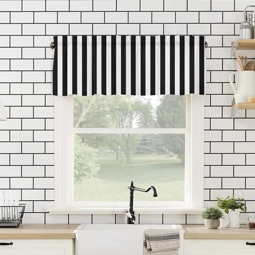 Miniatura 4 de Cortinas de cenefa con amarre para ventanas, cenefa corta, cortinas de ventana pequeña, baño, sala de estar y cocina, rayas blancas y negras de 60 x