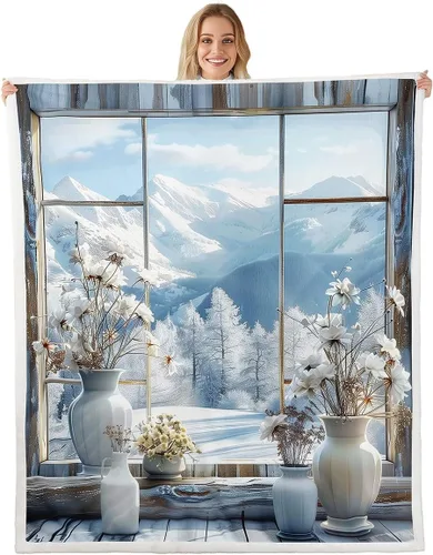 Miniatura 16 de Rustic Farmhouse Style Sherpa Blanket Retro Barn Truck Flannel Fleece Throw Blanket 40"x50" for Sofa Couch Country Daisy Flowers Ultra Soft Bed Blue