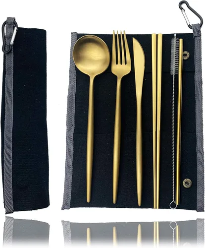 Miniatura 19 de JASHII El juego de cubiertos de viaje incluye cuchillo reutilizable, tenedor, cuchara, palillos, pajilla, utensilios ecológicos, utensilios de Azul