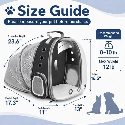 Miniatura 2 de Mochila expandible para gatos y perros, mochila de viaje para mascotas con ventana de burbujas con malla transpirable, estructura anticolapso, Negro