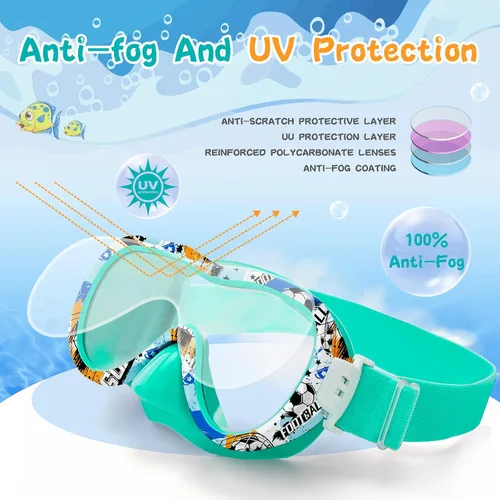 Miniatura 4 de Gafas de natación para niños con cubierta para la nariz, máscara de esnórquel panorámica de 180° con diseño antivaho y antifugas, correa de tela