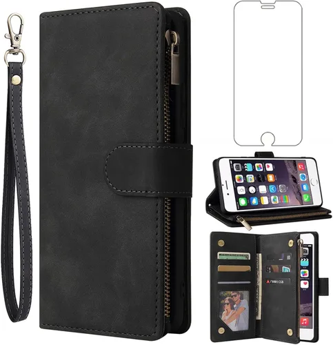 Asuwish Compatible con iPhone 6plus 6splus 6/6s Plus - Funda tipo cartera de vidrio templado, protector de pantalla con tapa, tarjetero y funda para