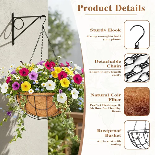 Miniatura 6 de Paquete de 4 macetas colgantes para plantas al aire libre de 12 pulgadas, cesta de flores colgante de metal con forro de fibra de coco, soporte