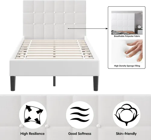 Miniatura 7 de Base de cama individual tapizada con cabecero, base de colchón de soporte de listones de madera maciza, no necesita somier y de fácil montaje, Beige