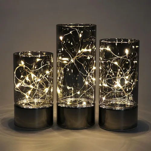 Miniatura 2 de Rhytsing conjunto de 3 linternas de cilindro de vidrio con luces de hadas, lámpara de mesa decorativa con batería, vela sin llama con función