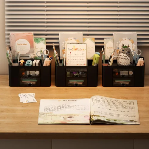 Miniatura 6 de Organizador de escritorio Vimbo de 7 rejillas con cajón – Organizador de mesa multifuncional de plástico y soporte para bolígrafos para la escuela