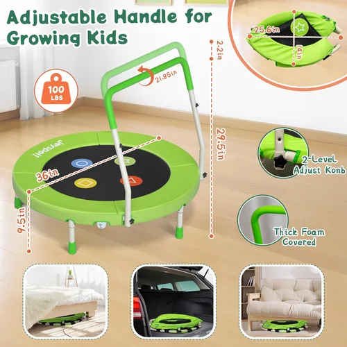 Miniatura 3 de 3FT Toddler Trampoline with Adjustable Handlebar, 36" Foldable & Spring-Free, Mini Kids Indoor Outdoor Trampoline for Ages 1-6, Noiseless Jumping