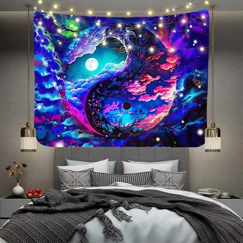 Miniatura 8 de Aidatain Tapiz de cielo colorido de fantasía, luna, nebulosa deslumbrante, Yin y Yang, tapiz de pared, grande de 80 x 60 pulgadas, tela de franela