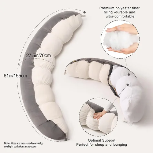 Miniatura 3 de Peallow(Pat. Pend) - Almohada larga redonda para adultos, almohada de apoyo suave y de apoyo para dormir y soporte lumbar (gris-blanco, 47 pulgadas)