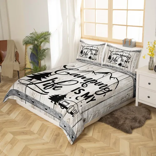 Miniatura 2 de Manfei Happy Camping - Juego de funda de edredón tamaño individual, funda de edredón con 1 funda de almohada, juego de ropa de cama de madera gris