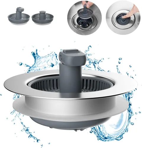 Miniatura 11 de Hibbent - Combo de colador y tapón de drenaje desplegable 3 en 1 para fregadero de cocina, de acero inoxidable, cesta antiobstrucción, con mango
