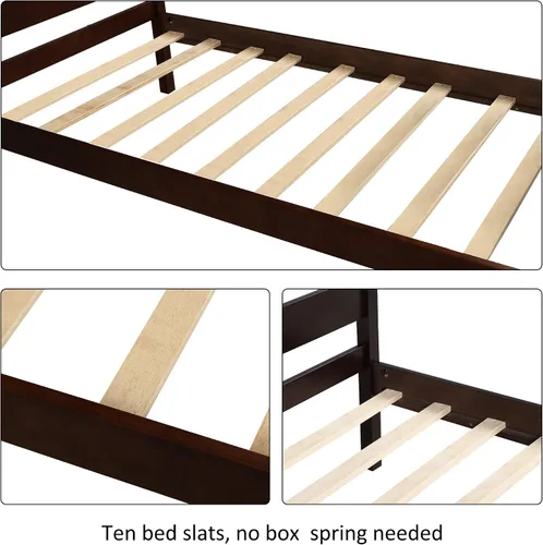Miniatura 5 de Anwick Base de cama individual de madera con cabecero y estribo, base de colchón de plataforma con soporte de listones de madera para niños, Espresso