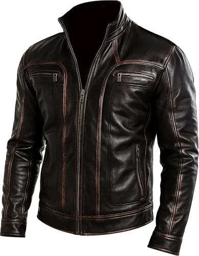 Miniatura 11 de Mens Premium Distressed Brown Padded Armored Cowhide Leather Cafe Racer Jacket – Vintage Protective Moto Jacket