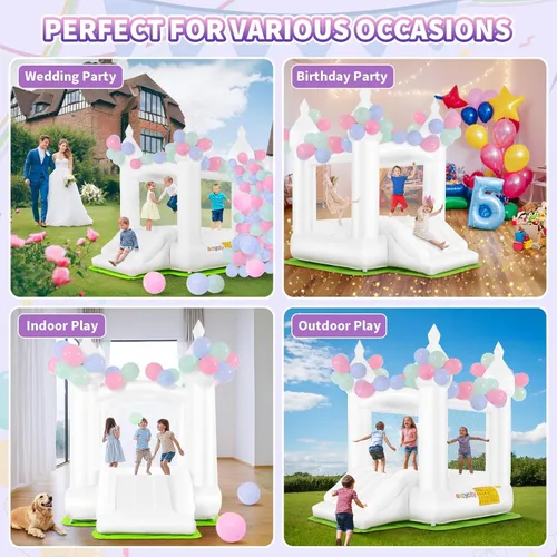 Miniatura 2 de Casa inflable de celebración blanca para niños con soplador UL, portátil, castillo hinchable 3 en 1 de color blanco de ensueño para interiores